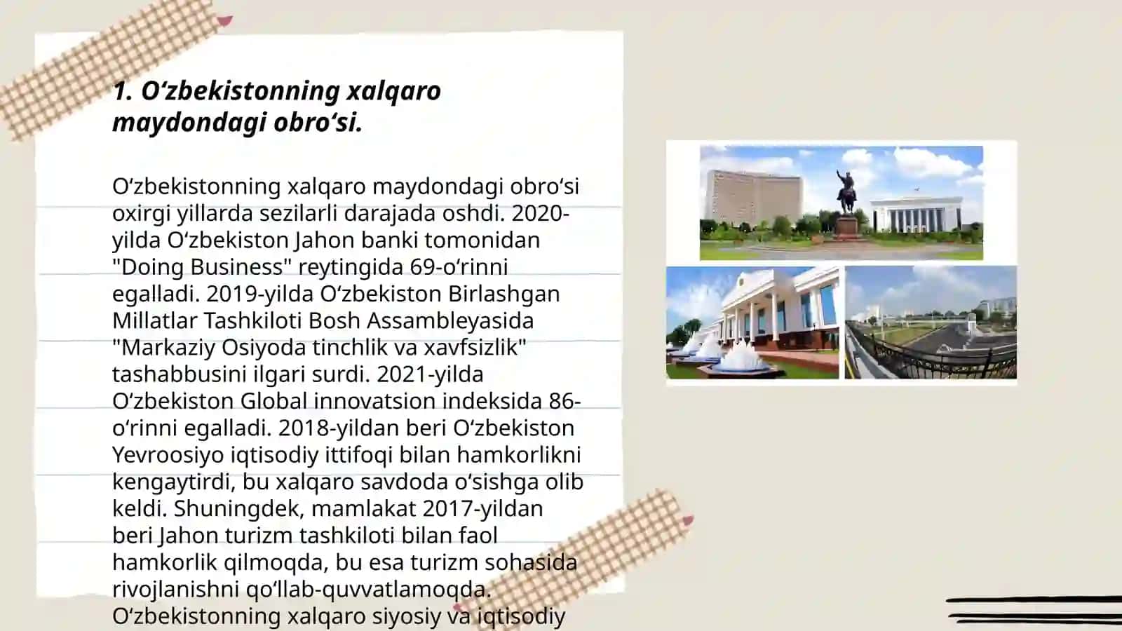 Oʻzbekiston va Jahon hamjamiyati.Yangi Oʻzbekistonda amalga oshirilayotgan islohatlar 3