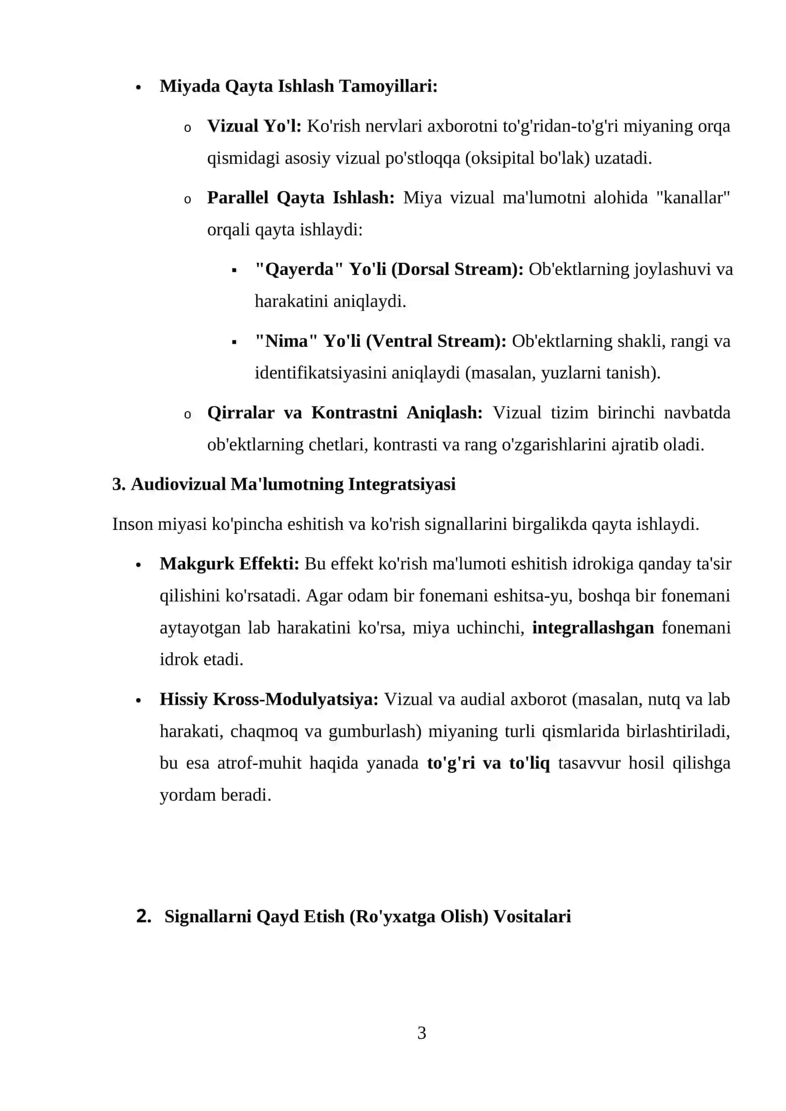 Inson audiovisual tizimi. Signallarni qayt etish vositalari. Nutq signallari va biosignallarning turlari. Nutq signallariga ishlov berish. 3