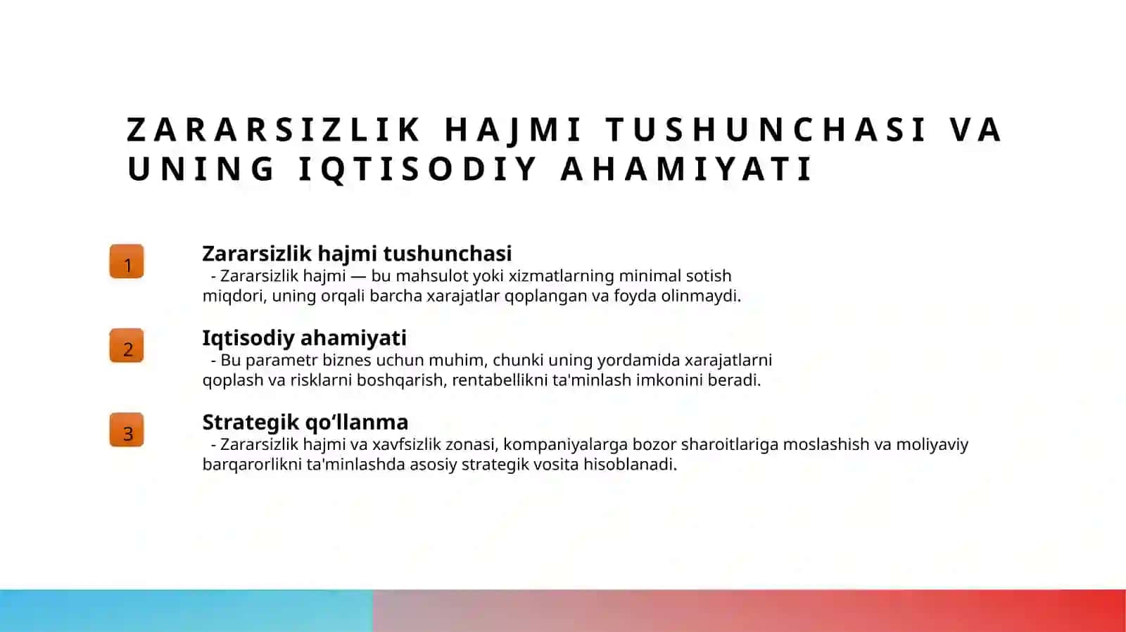 Zararsizlik hajmi va xavfsizlik zonasi tahlili PPT | Break-even va risk tahlili prezentatsiya 3