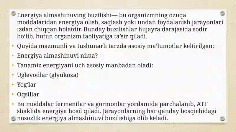 ENERGIYA ALMASHINUVINING BOSHQARILISHI. MITAXONDRIAL KASALLIKLAR. GIPERENERGETIK HOLATLAR. GLYUKOZA TASHUVCHILARNING TUZILISHI, SPESIFIKLIGI, KLINIK AHAMIYATI. GLIKOGEN KASALLIKLARI. UGLEVODLAR ALMASHINUVI BOSHQARILISHINING BUZILISHI 3