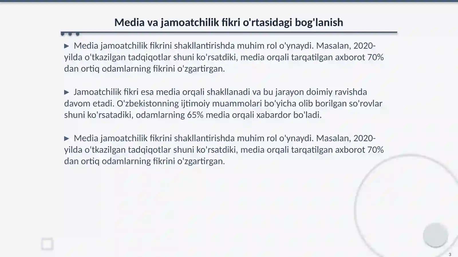 Media orqalik jamoatchilik fikrini shakllantirish mavzusida Media savodxonlik fanidan 3