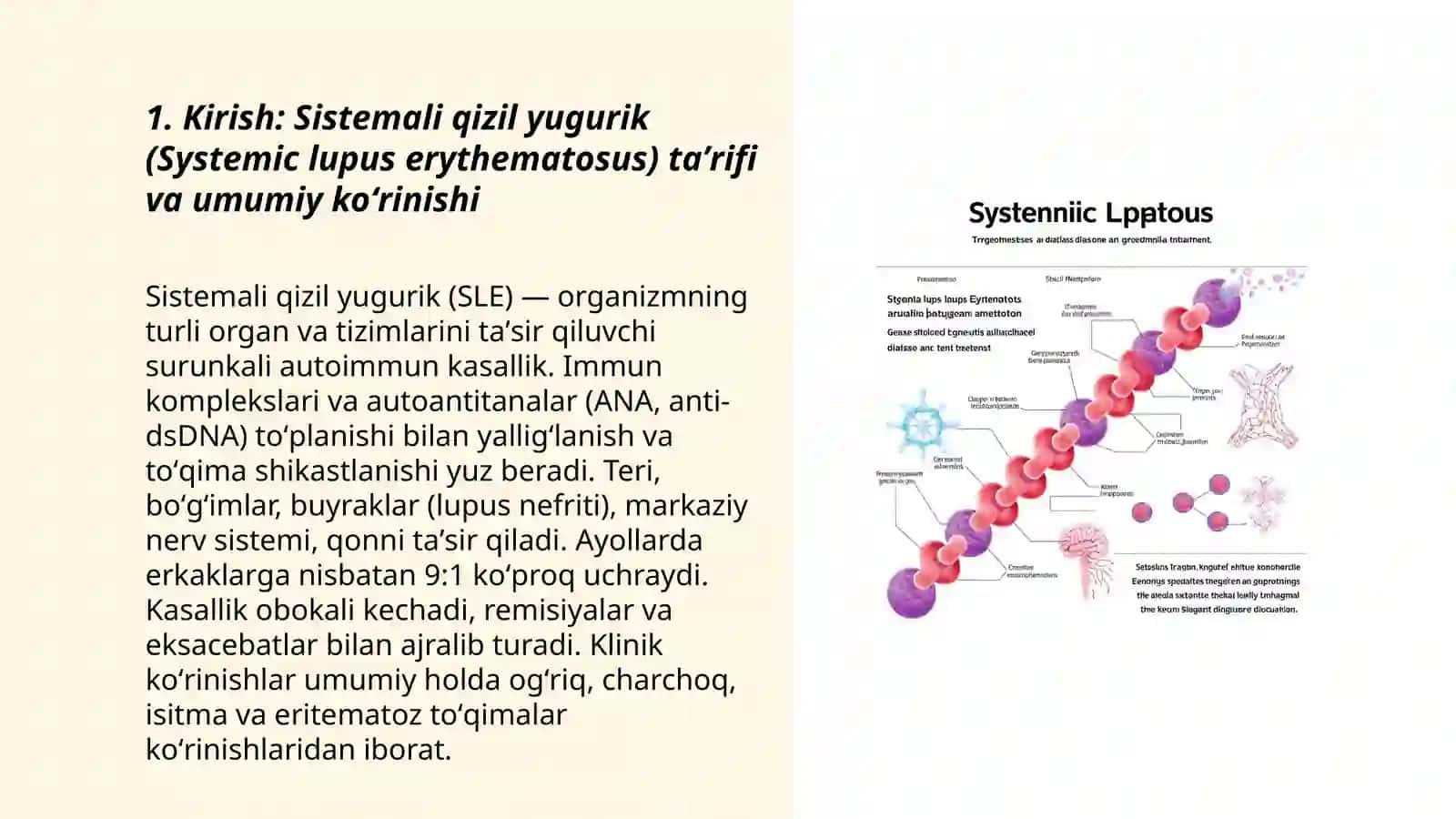 Sistemali qizil yugurik (Systemic lupus erythematosus) patagenezi etyalogyasi davolashi qaysi genlarda mutatsa bolishi haqida toliq slayt tayorlab ber rasimlari bilan 3