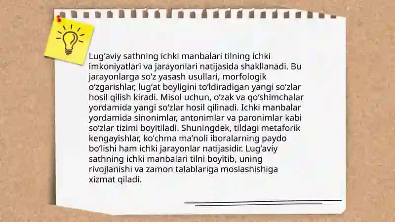 Lugʻaviy sath taraqqiyotining ichki va tashqi manbalari. Lugʻaviy sath birliklari. 3