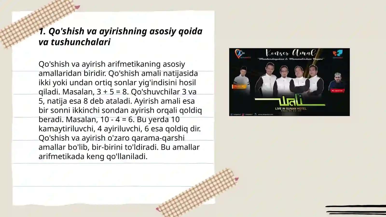 Qo'shish va ayirish, ko'paytrish va bo'lish amali ma'nosini ochib berish hamda uni bosqichlab kontsentrlarda bajarilishini o'rgatish 3