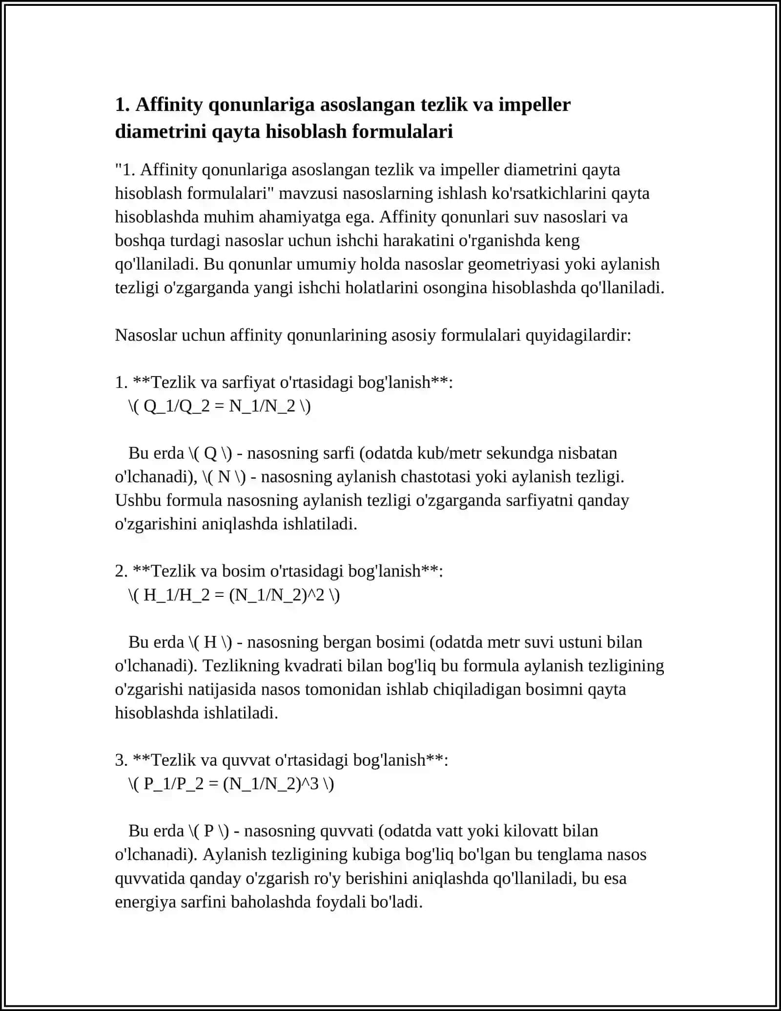 Nasos ko'rsatkichlarini qayta hisoblash formulalari 3