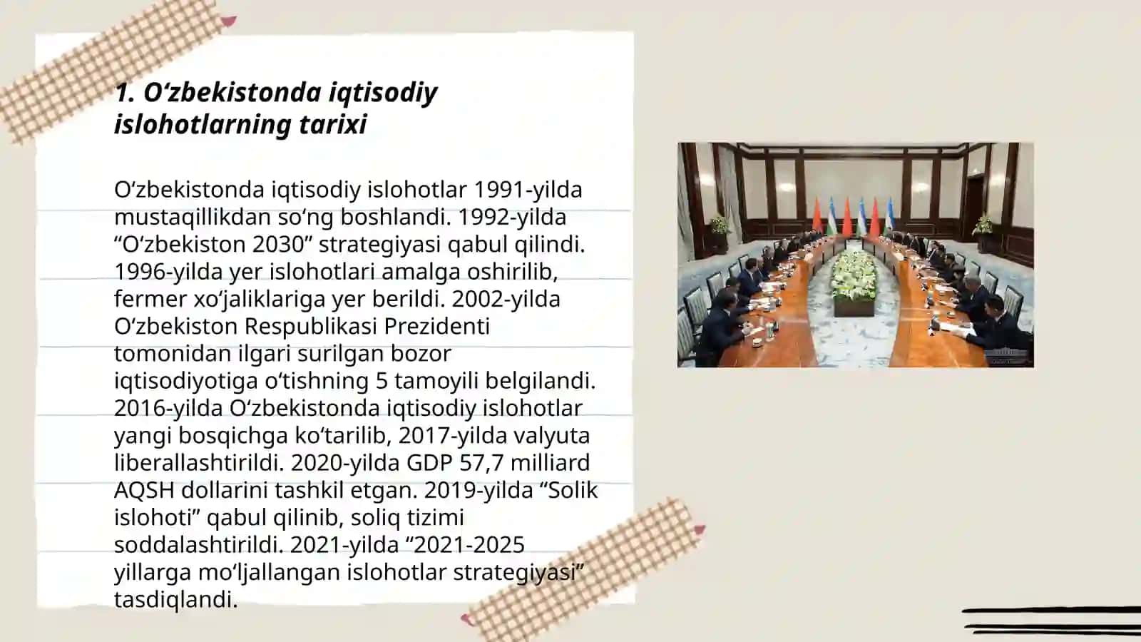 Iqtisodiy islohotlar xususiy mulkchilikning shakllanishi. Oʻzbekistonda bozor munosabatlarini rivojlanishi 3