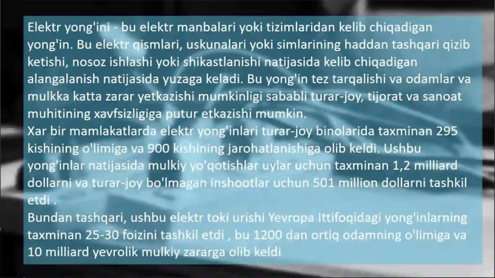 Elektr tokidan yong'in chiqish sabablari 3