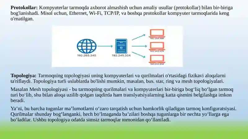 TCP/IP protokollar tarixi, pog‘onalari, ularning vazifasi. TCP/IP va OSI modellarning o‘xshash jihatlarini qiyoslash. 3
