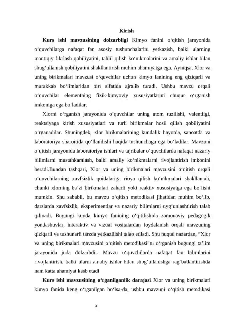 Xlor va uning birikmalari mavzusini oʻqitish metodikasi 3