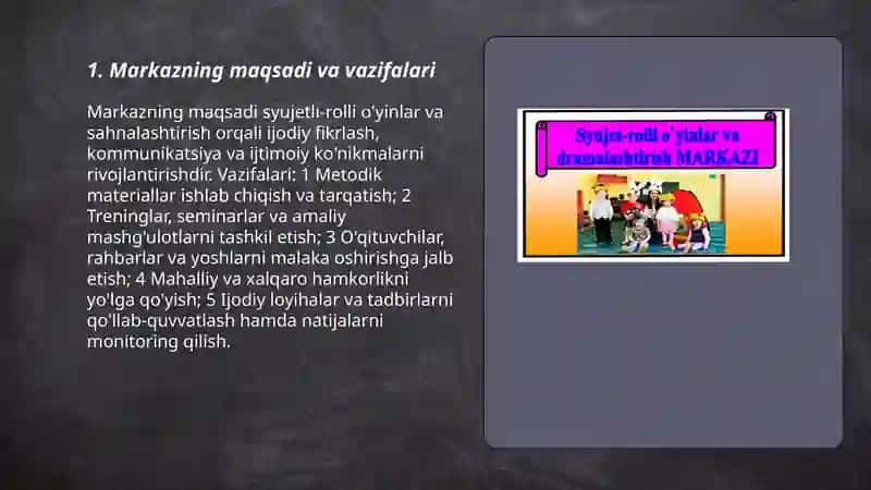 Syujetli -rolli o'yinlar va sahnalashtirish rivojlanish markazi faoliyati 3
