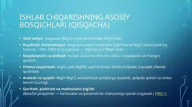 Magnezial bog'lovchilar. Bog'lovchi moddalar ishlab chiqarish sanitariyasi, texnika xavfsiligi, ekologik xavfsizlik 3