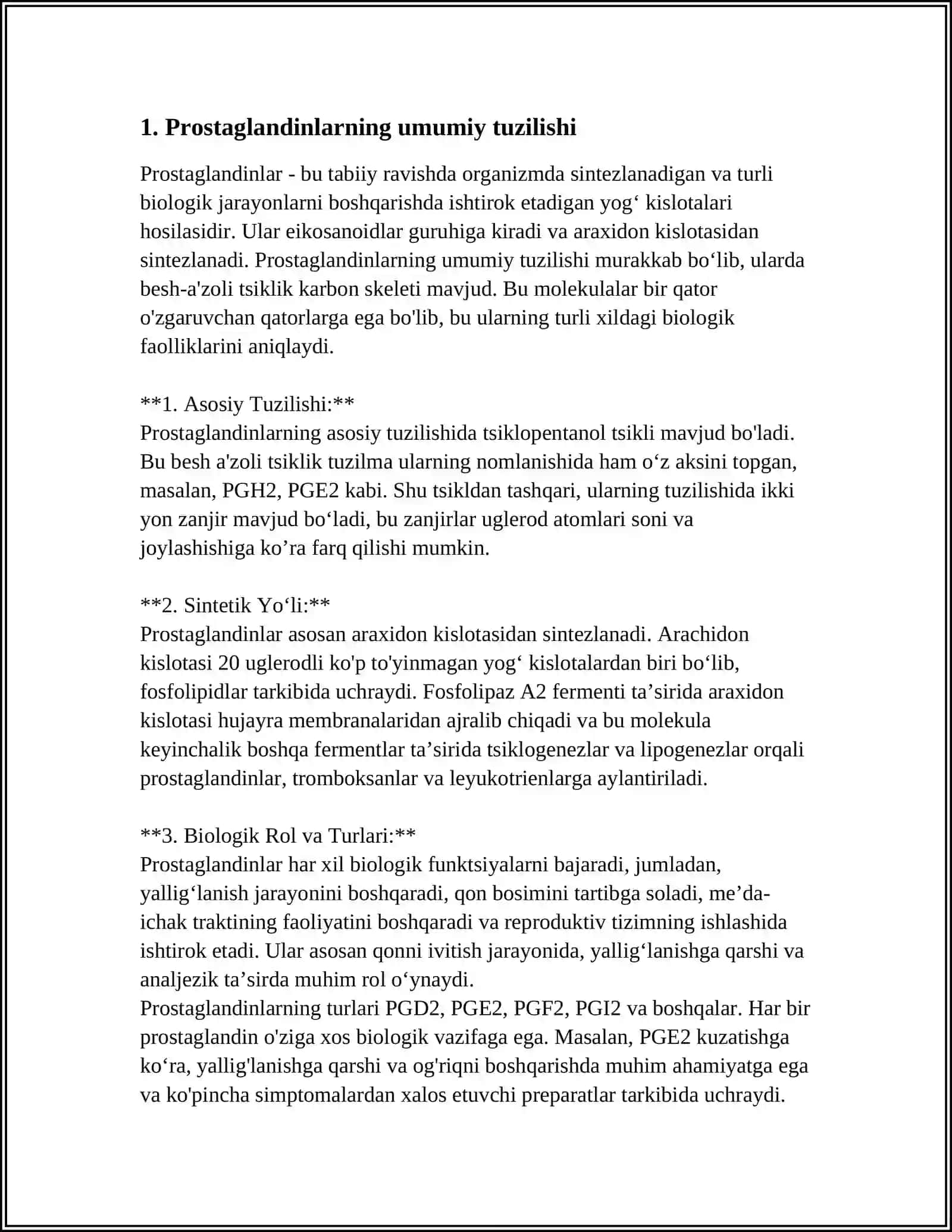 PROSTAGLANDINLAR VA BOSHQA EYKANOZOIDLAR, BIOKIMYOVIY TA'SIR MEXANIZMLARI 3