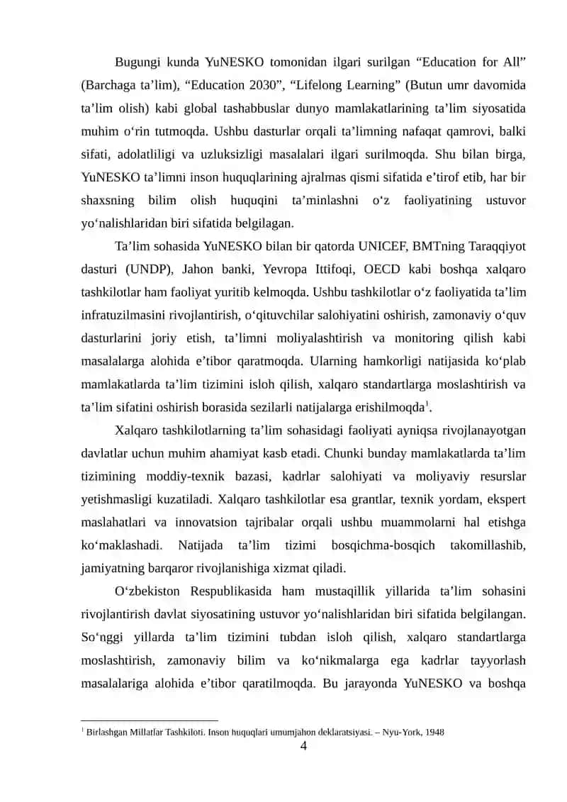 YUNESKO VA BOSHQA XALQARO TASHKILOTLARNING TA’LIM SOHASINI RIVOJLANTIRISHDAGI FAOLIYATI 3