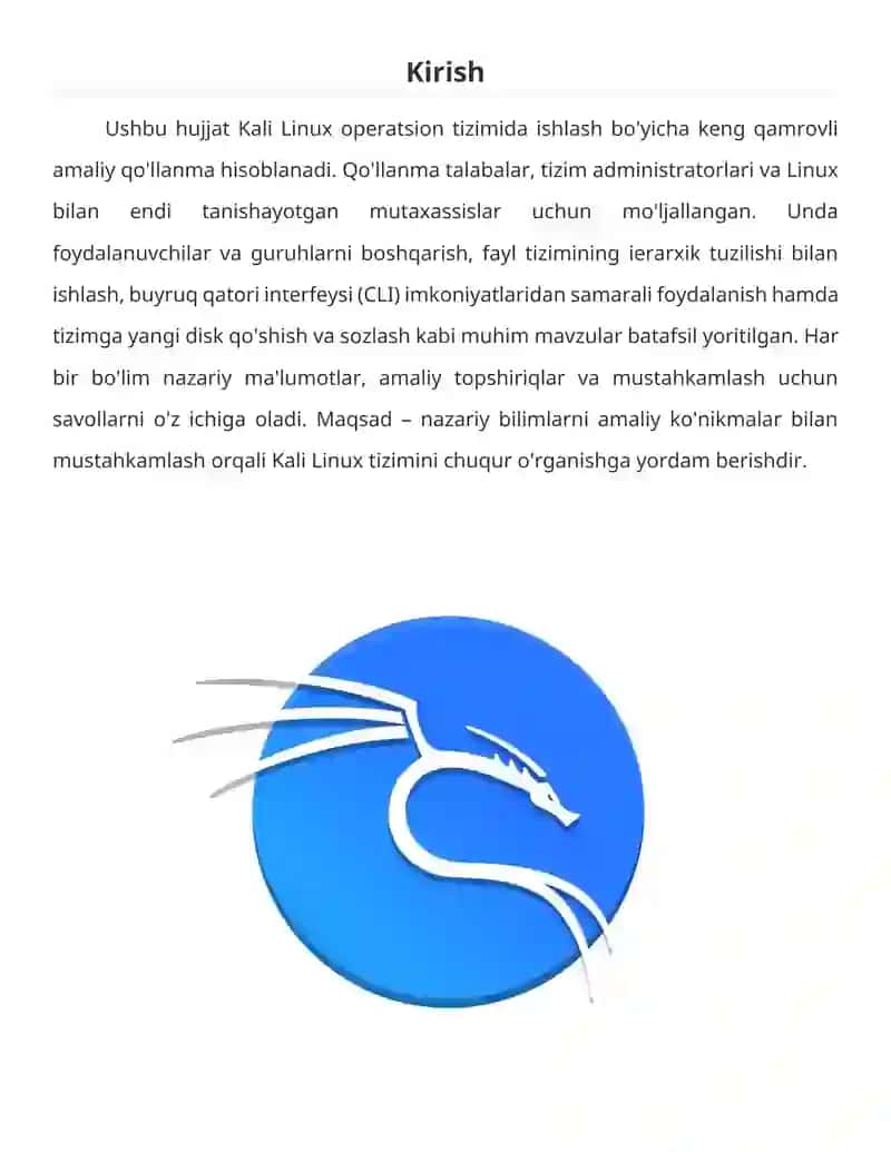Kali Linuxda Amaliy Mashg'ulotlar: Foydalanuvchilar, Fayl Tizimlari va Disk Boshqaruvi 3