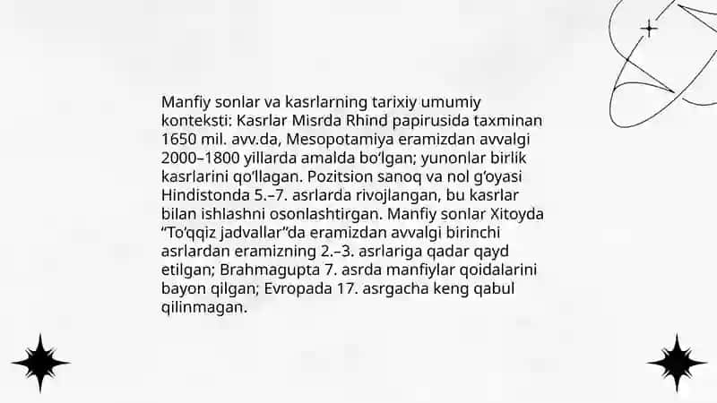 Manfiy son va kasr tushunchasining vujudga kelishi haqida tarixiy ma'lumot 3