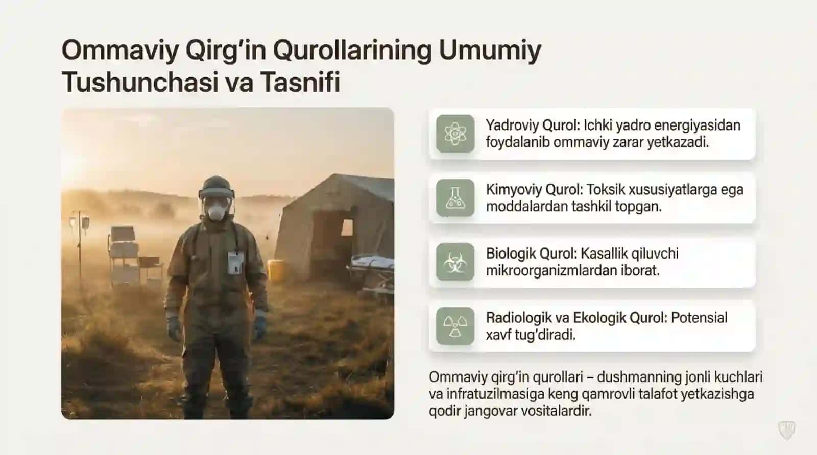 Ommaviy qirgʻin qurollarining tavsifi jabrlanish oʻchogʻining tibbiy-taktik tavsifi yoʻqotishlar 3