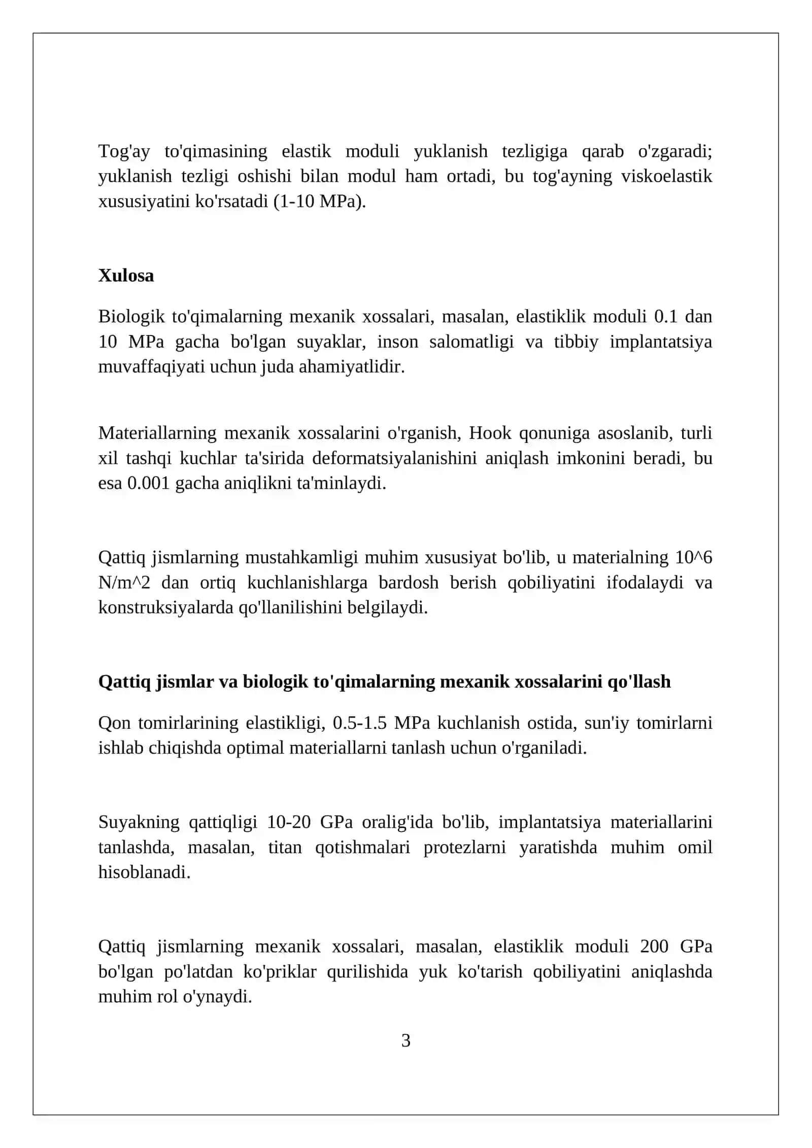 MUSTAQIL ISH Mavzu: Qattiq jismlarning va biologik toqimalarning ularning mexanik xossalari 3