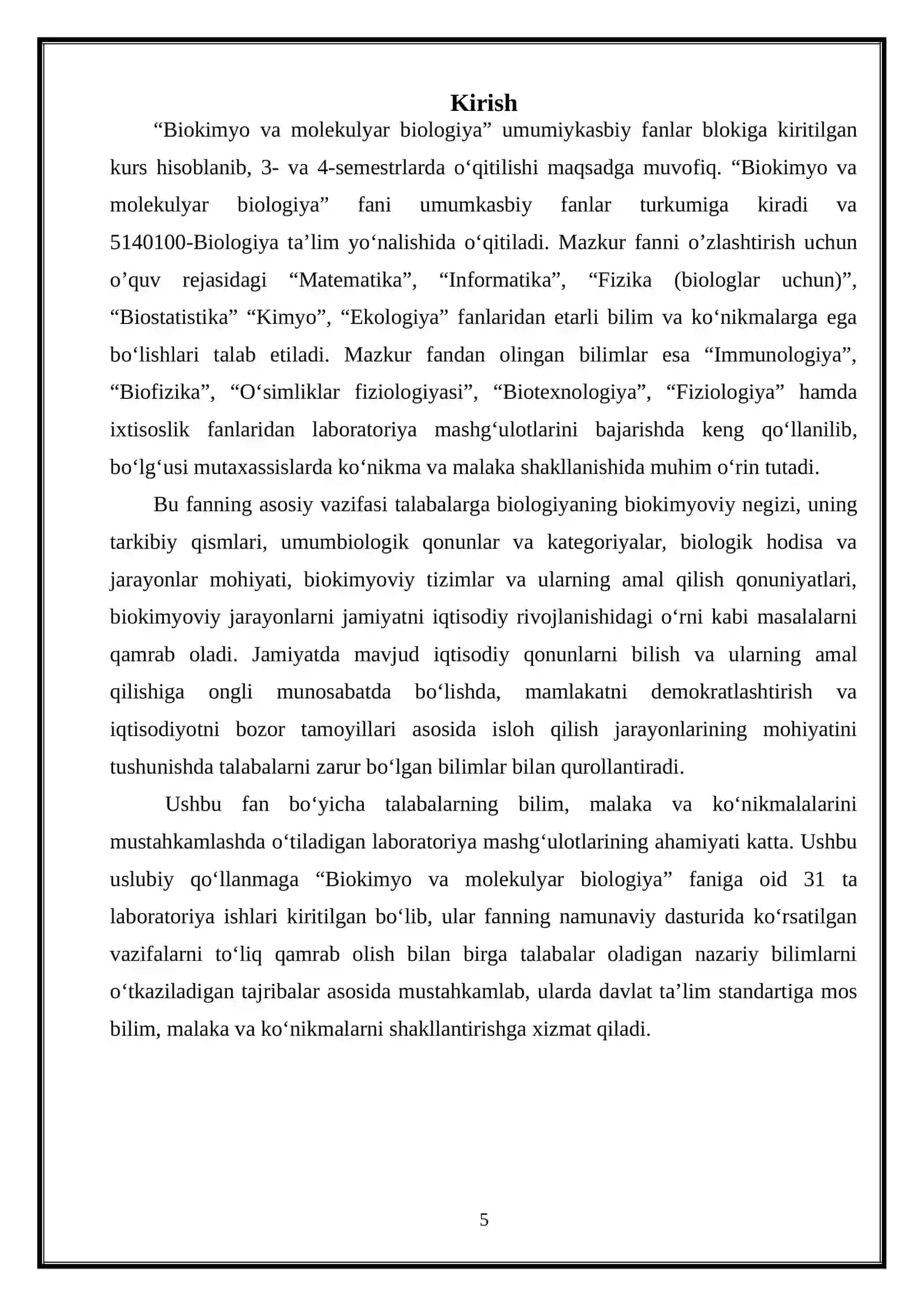 BIOKIMYO VA MOLEKULYAR BIOLOGIYA FANIDAN LABORATORIYA ISHLARI USLUBIY QO'LLANMA 3