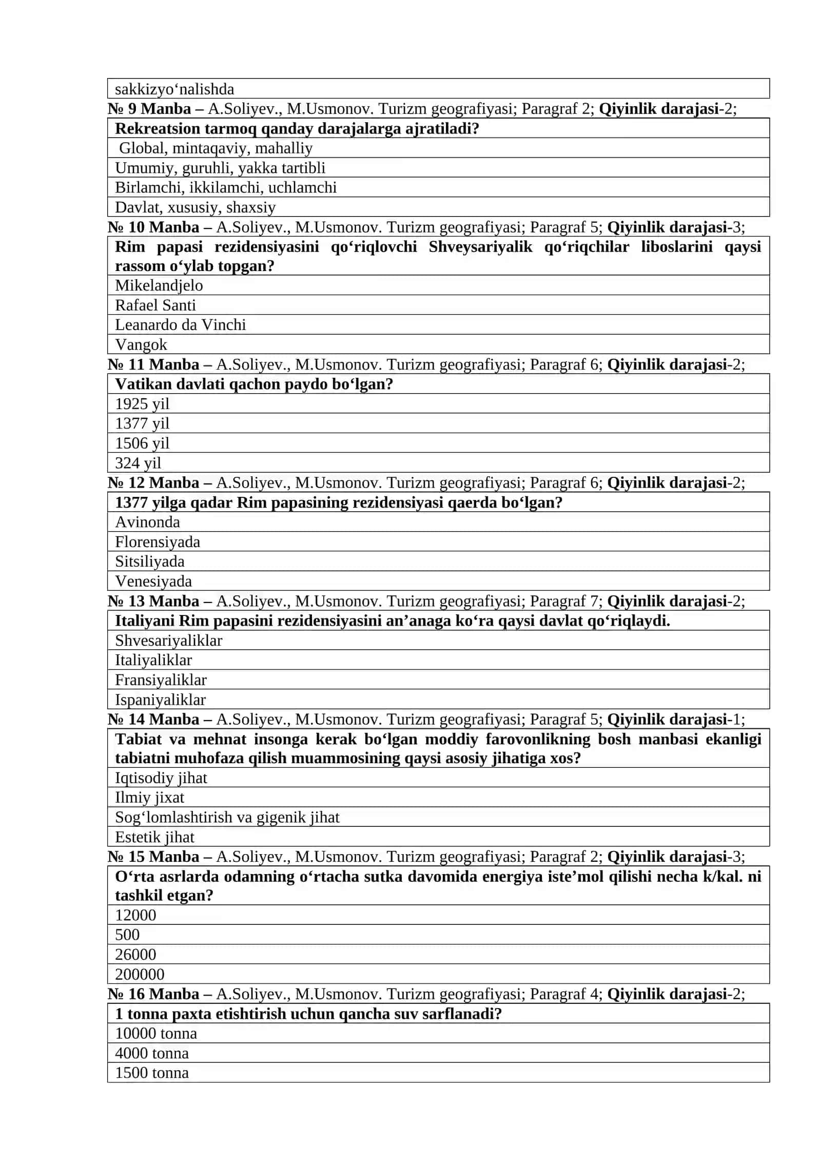 TURIZM VA REKREATSIYA GEOGRAFIYASI fanidan TEST SAVOLLARI 3