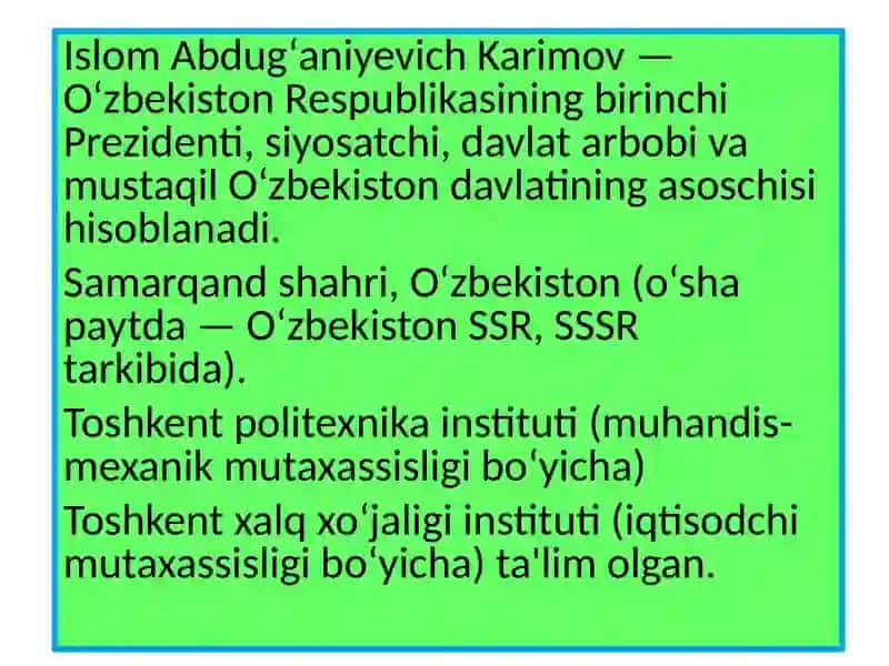 OʻZBEKISTON Respublikasining birinchi prezidenti Islom Abdugʻaniyevich Karimov 3