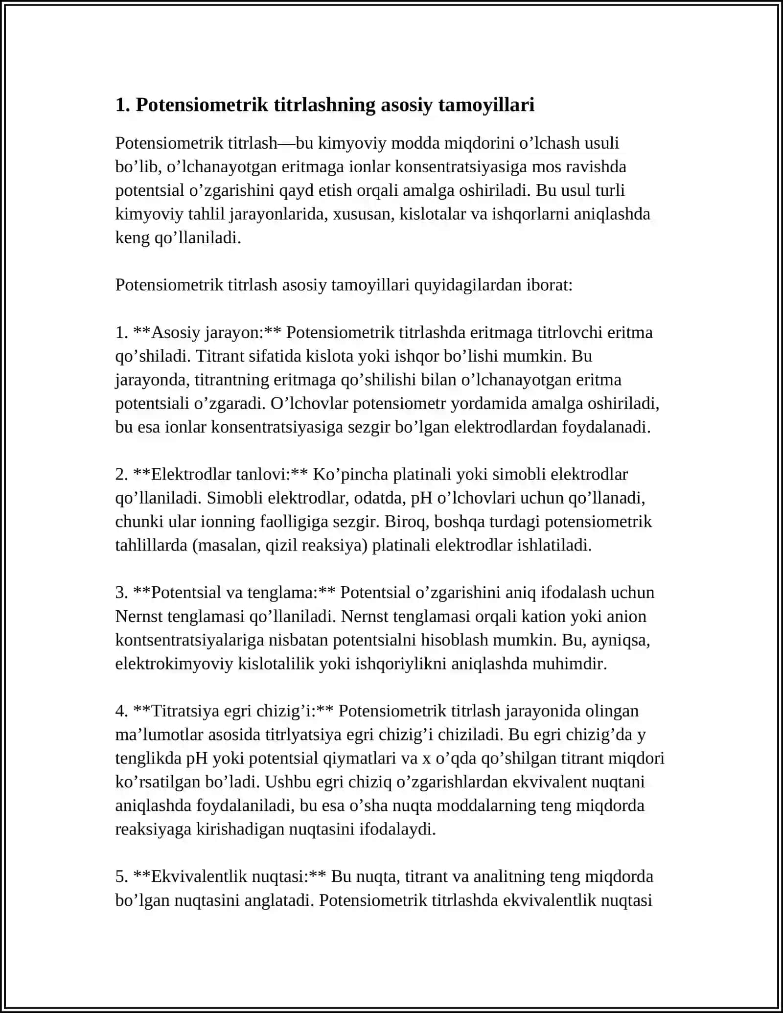 POTЕNTSIOMЕTRIK TITRLASH. BU USULNING FARMATSЕVTIKA AMALIYOTIDAGI AHAMIYATI 3