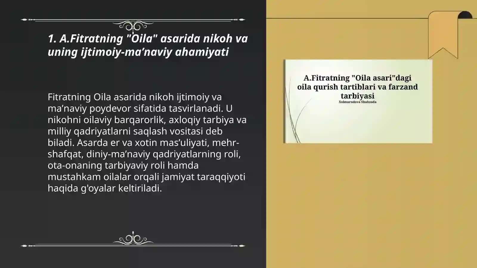 A.Fitratning "Oila asari "dagi oila qurish tartiblari va farzand tarbiyasiga oid g'oyalar 3