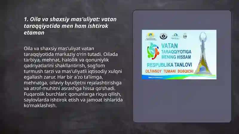 Vatan taraqqiyotiga men ham masulam: Oila jamiyatning asosiy boʻgʻinidir 3
