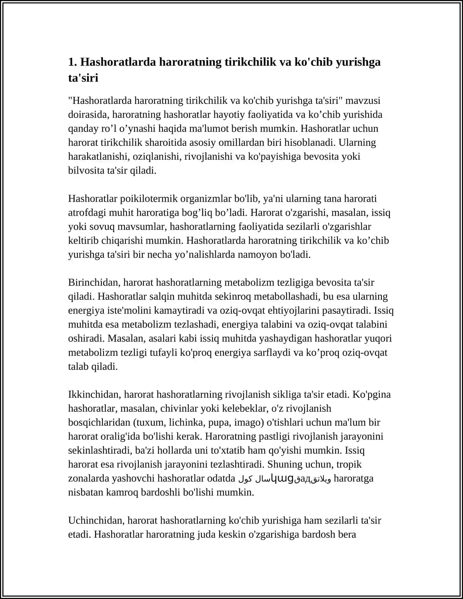 HAR XIL MUHITDA YASHOVCHI HASHORATLARNING HAYOTIY OMILLARI VA HASHORATLARNING TIRIKCHILIK QILISHIGA BOG’LIQ KO’CHIB YURISHI 3