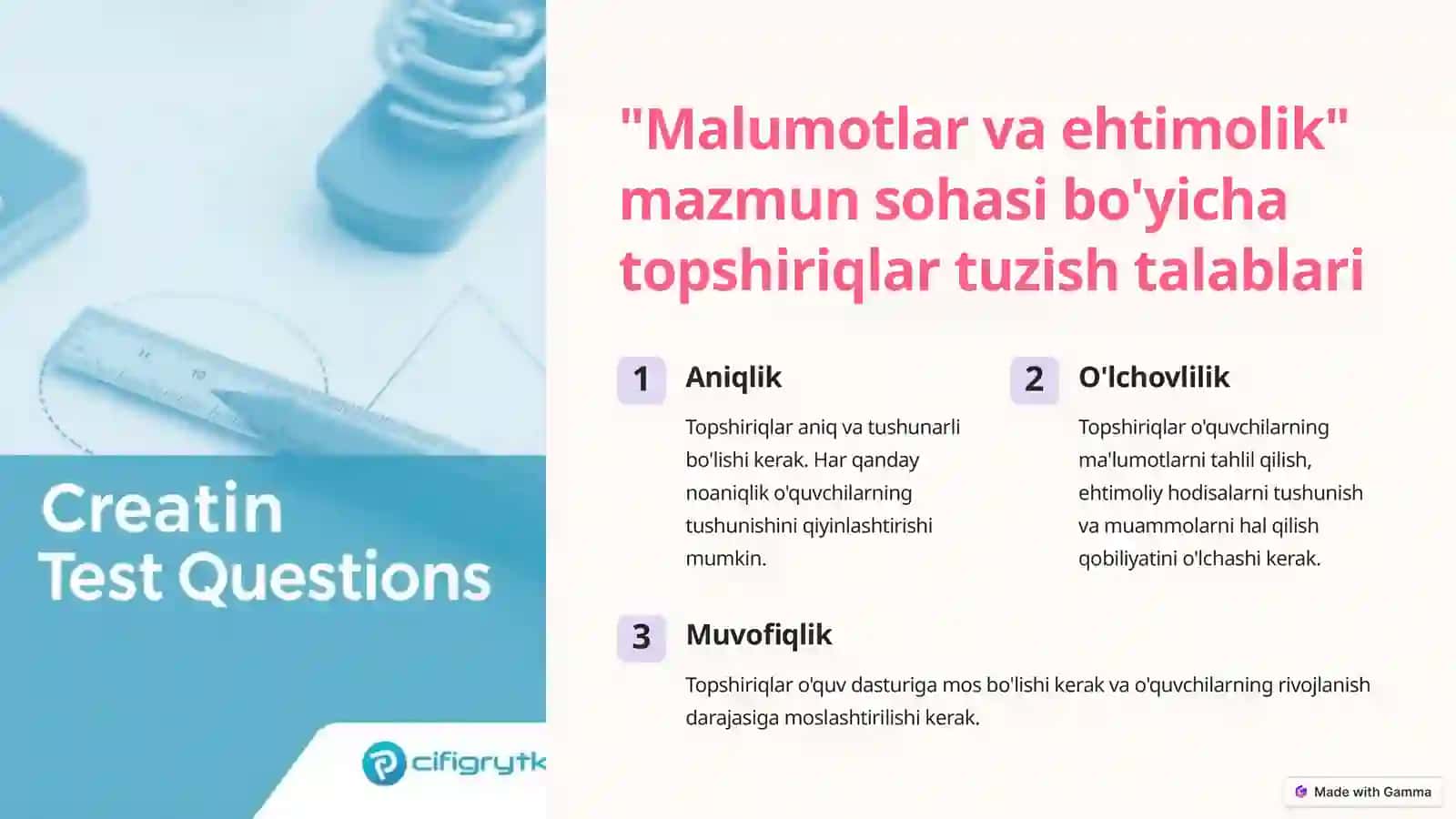 TIMMS xalqaro baholash dasturida "Malumotlar va ehtimolik" mazmun sohasi 3