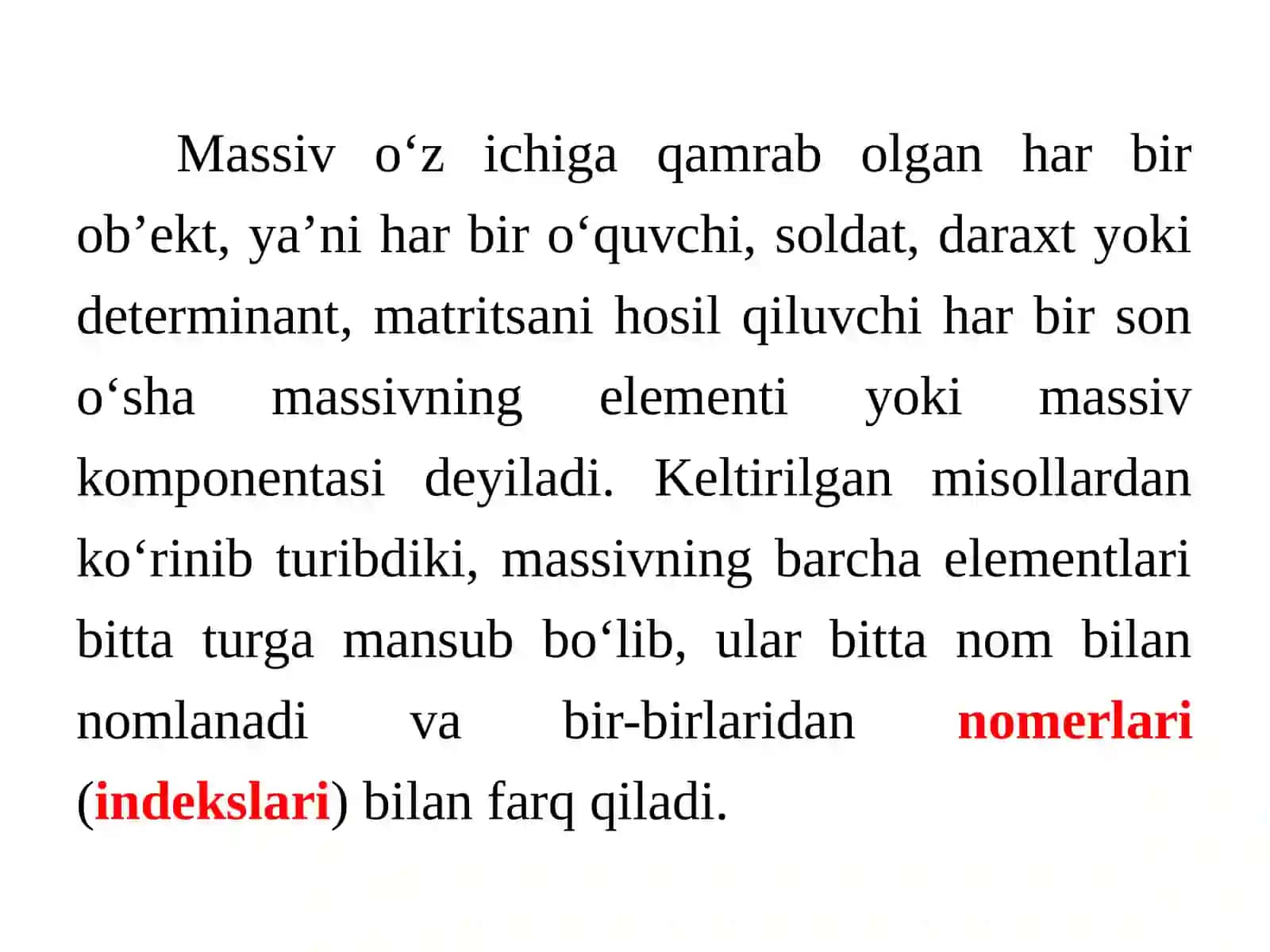 Massivlar. Bir va ko’p o’lchovli massivlar, sonli ketma-ketliklar 3