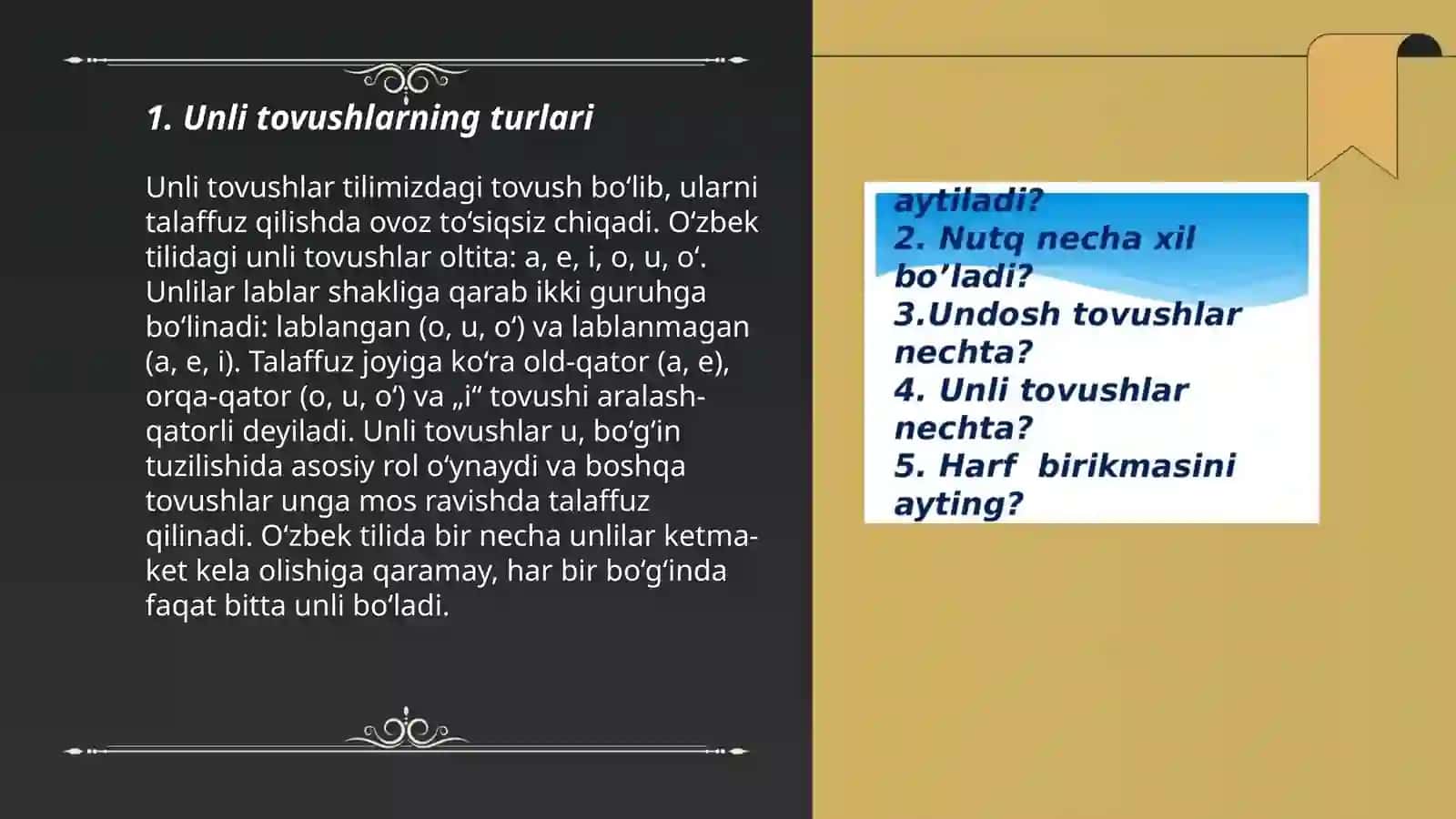 Unli va undosh tovushlar haqida ma'lumot bering 3