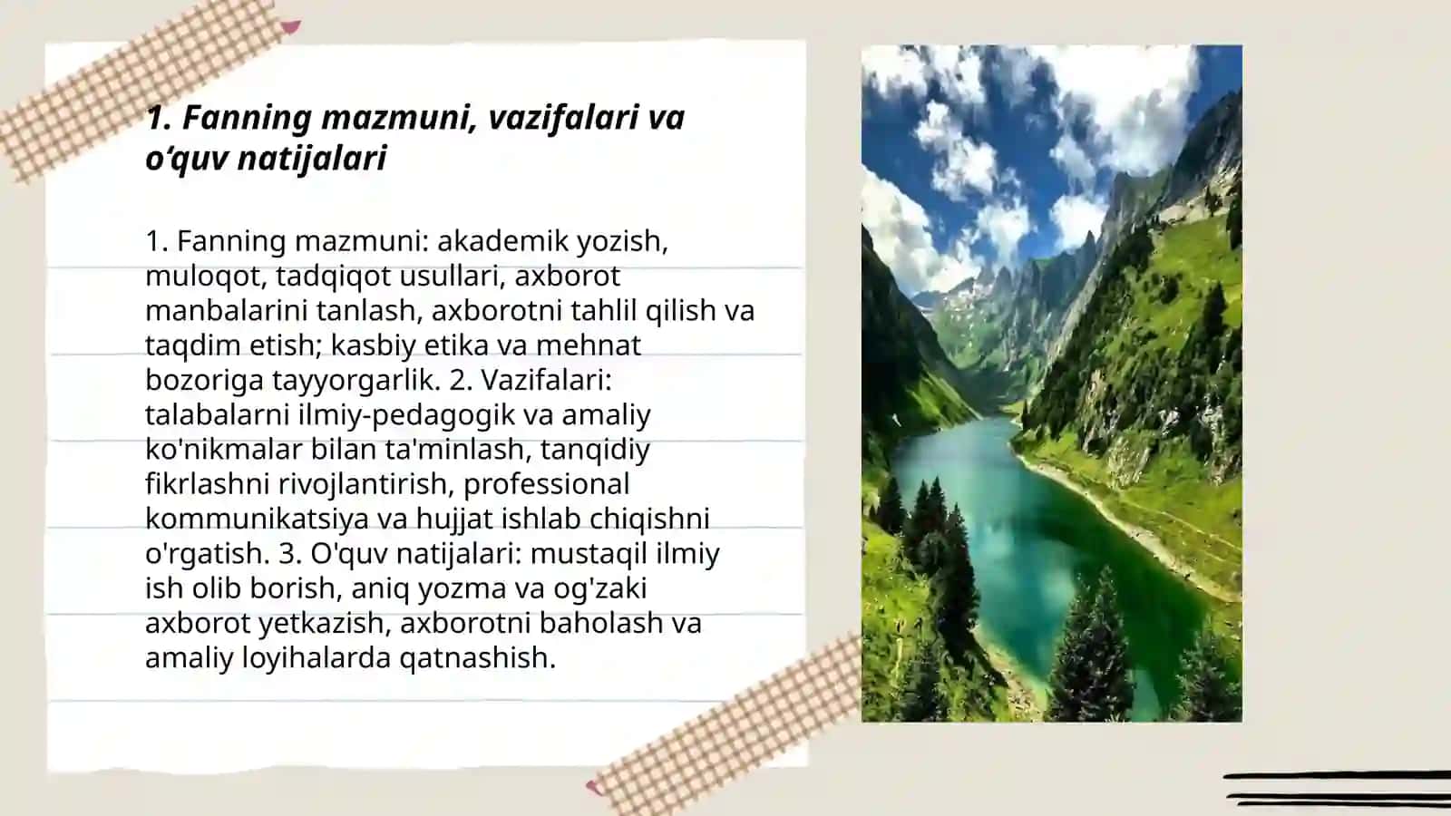 Fanning mazmuni, vazifalari va o‘quv natijalari 3