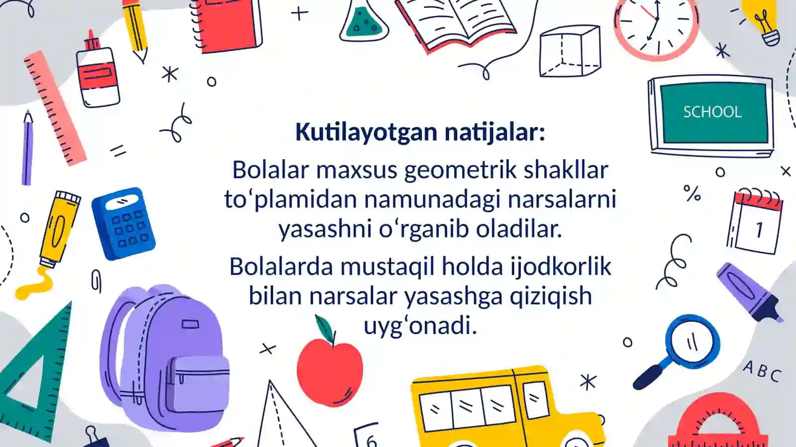 Maxsus shakllar to‘plamidan foydalanib, namunadagi narsalarni hosil qilishga o‘rgatish. dars ishlanmasi 3