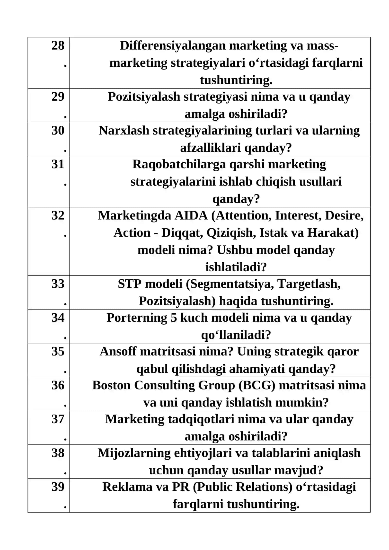 Texnikum  NAMUNAVIY SUHBAT SAVOLLARI: “Marketing” ta‘lim yo‘nalishi bo‘yicha 3