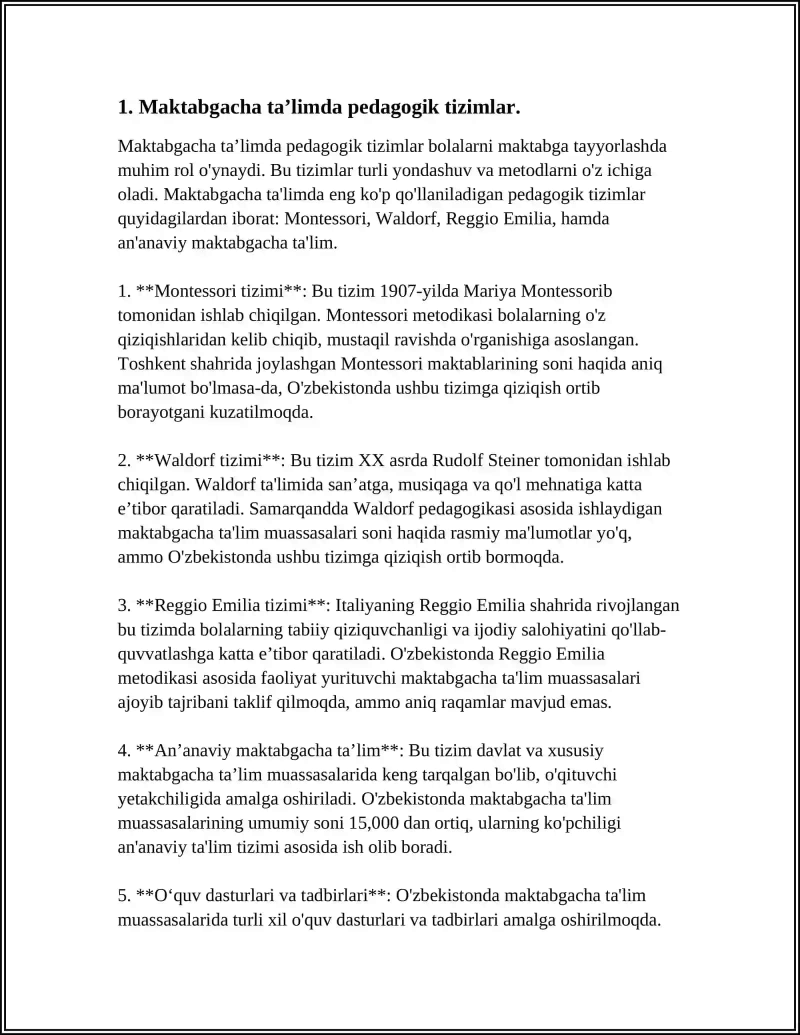 MAKTABGACHA TAʼLIMDA TURLI PEDAGOGIK TIZIMLAR F FREBEL MONTESSORI REGGIO EMILLA HUSUSIYATLARINI OʻRGANISH TALIM METODLARINI YAXLIT QILISH ULARDAGI FARQINI ANIQLASH 3