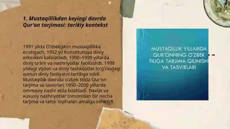 Mustaqillik yillarida quronning o'zbek tiliga tarjima qilinishi va tavsirlari haqida taqdimot 3