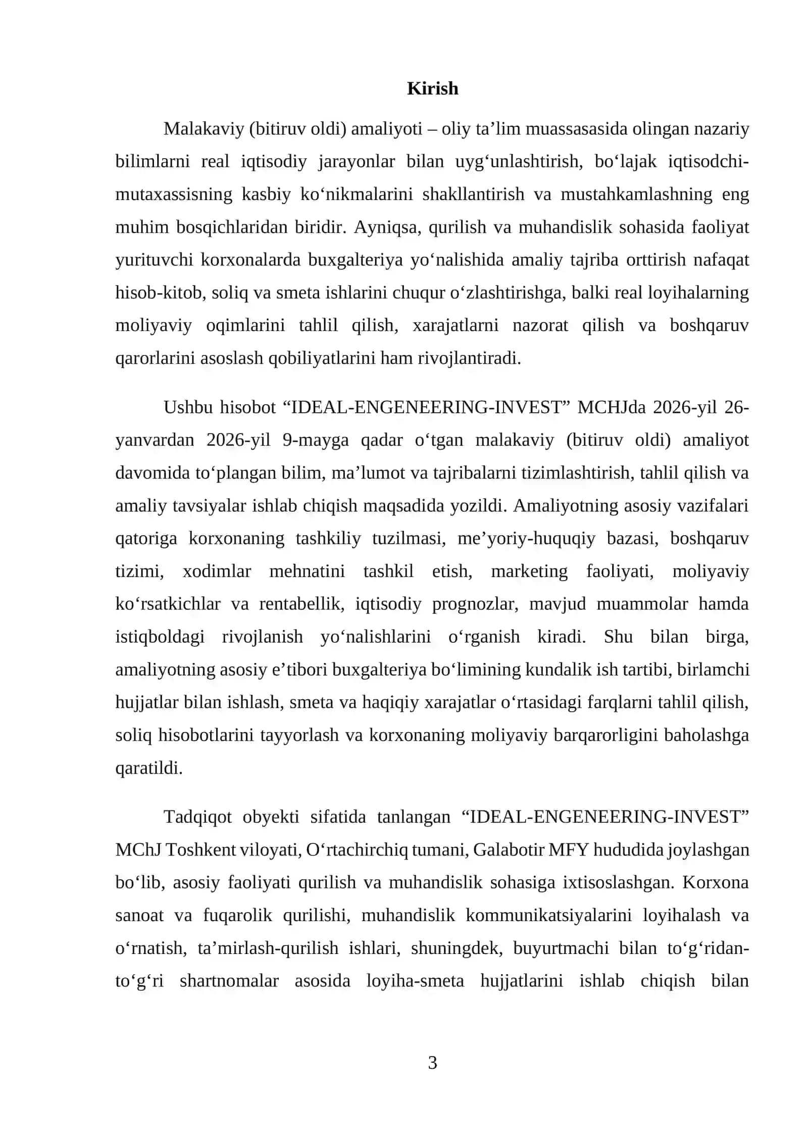 Qurilish va muhandislik sohasida faoliyat yurituvchi korxona MCHJ Amaliyot hisoboti. 3