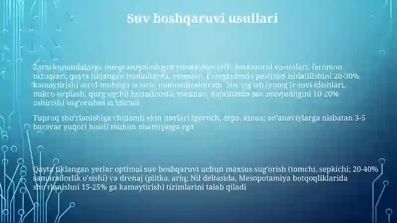 Sho'rlangan yerlardagi dastlabki o'zlashtirishekinlarini yetishtirish texnologiyalari 3