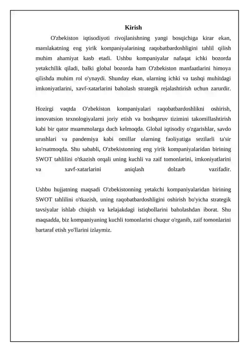 Ozbekistondagi yirik kompaniyalarning birini SWOT tahlili 3
