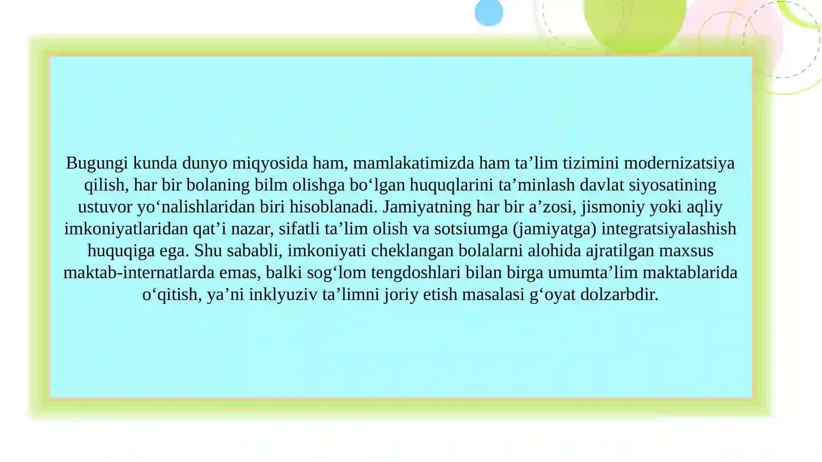 IMKONIYATI CHEKLANGAN BOLALAR TURLARI VA ULARNI INKLYUZIV TAʼLIMGA JALB ETISH 3