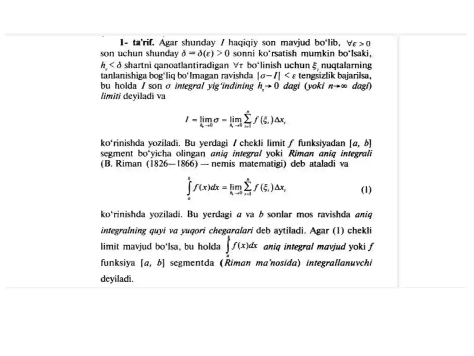 Aniq integral (Riman integrali) ta'riflari. Aniq integralning mavjudligi va integrallanuvchi funksiyalar sinfi 3