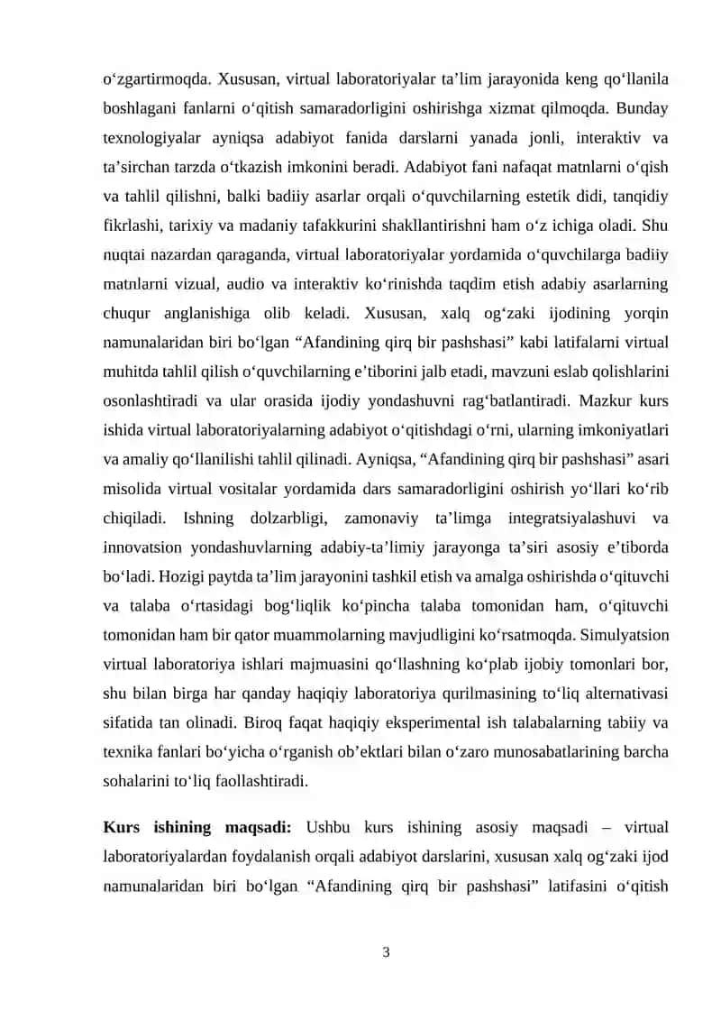 "Adabiyot o‘qitish metodikasi" fanidan Virtual labaratoriyalar va ularning adabiyot o’qitishdagi o’rni (Afandining qirq bir pashshasi) mavzusidagi KURS ISHI 3
