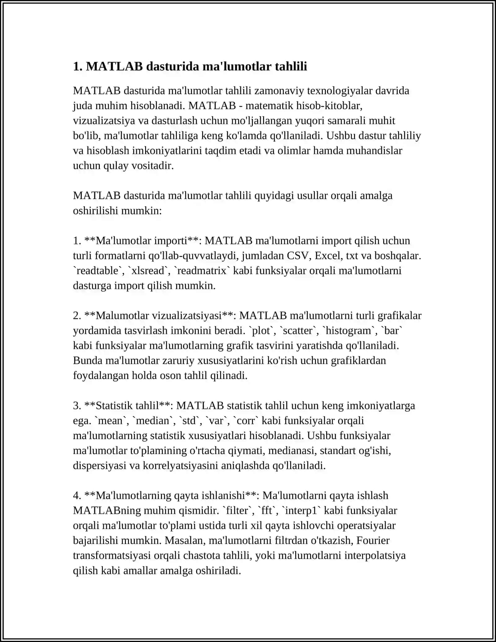MATLAB dasturida ma'lumotlar tahlili 3