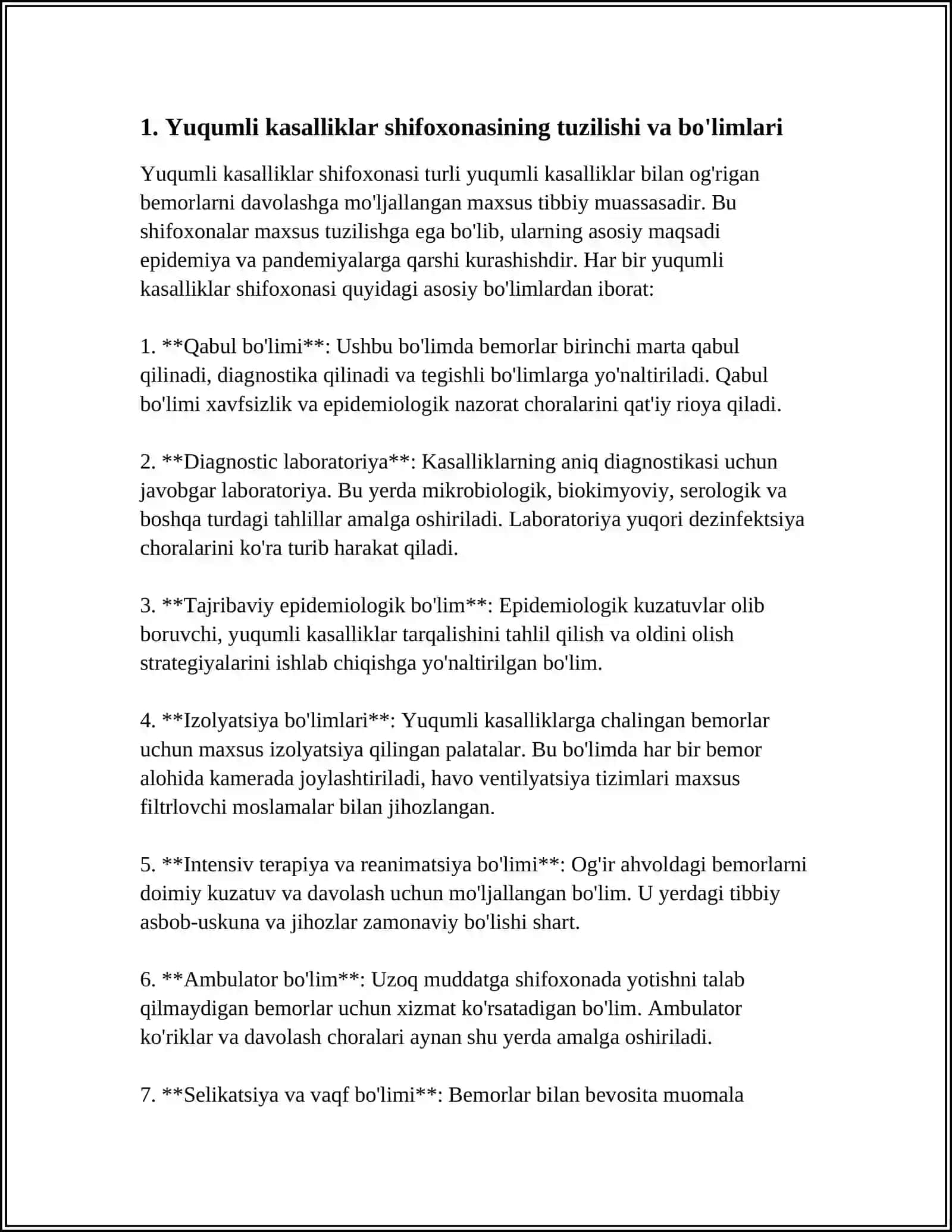 YUQUMLI KASALLIKLAR SHIFOXONASI BILAN TANISHISH. YUQUMLI BO'LIMLARDA EPIDEMIYAGA QARSHI SANITARIYA TARTIBI 3