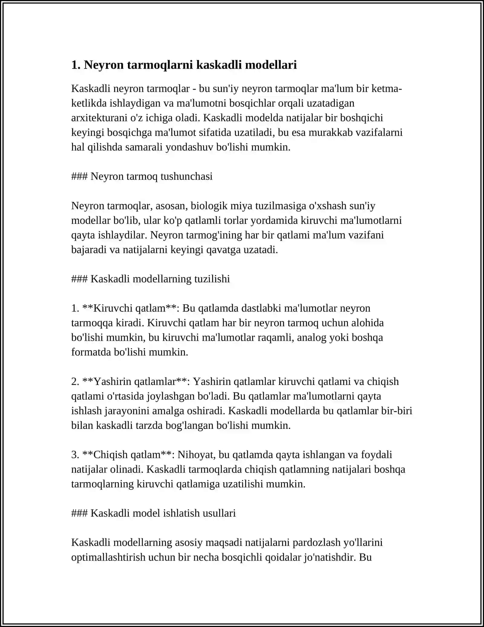 NEYRON TARMOG'I KASKADLI MODELIG'A OID BERILGAN TOPSHIRIQLARNI BAJARING 3