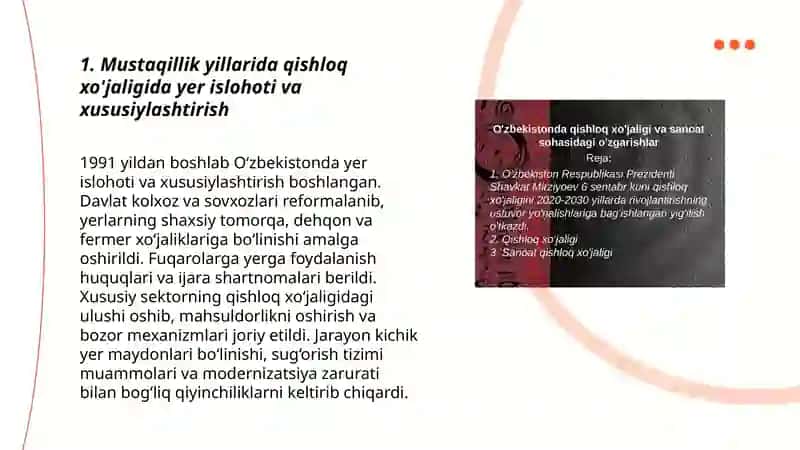 Oʻzbekistonda Mustaqillik yillarida qishloq xo’jaligi va sanoat sohasidagi o’zgarishlar 3