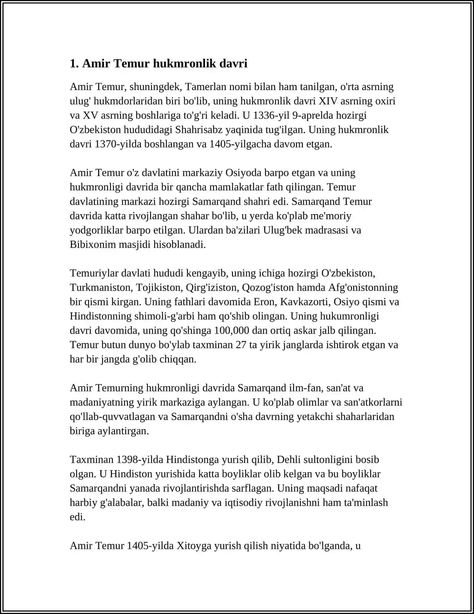 "AMIR TEMUR SALTANATIDA XAVFSIZLIK XIZMATI" XAMDAM SODIQOVNING KITOBIGA MUSTAQIL ISH 3