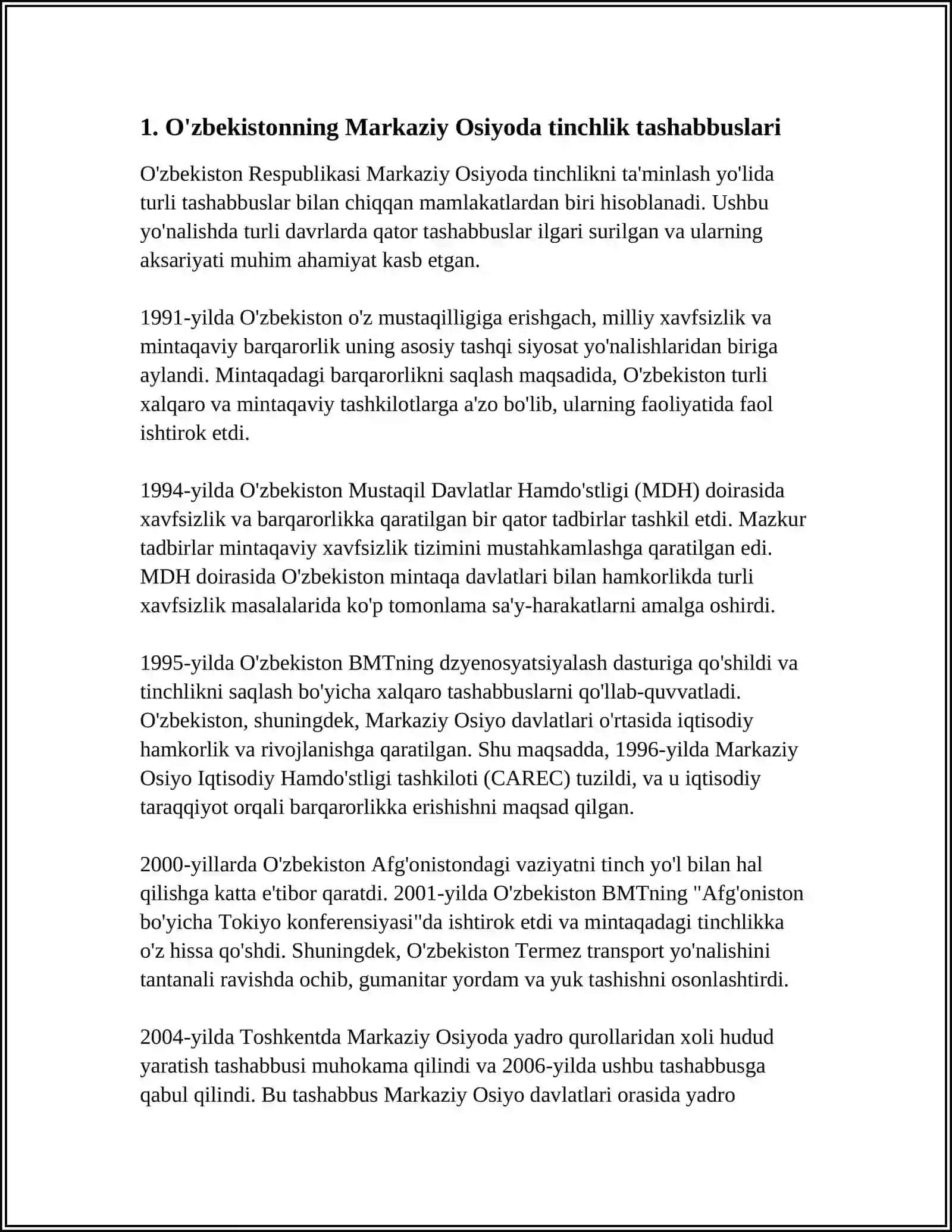 O'ZBEKISTONNING MARKAZIY OSIYODA TINCHLIK VA BARQARORLIKNI TA'MINLASHDAGI O'RNI 3