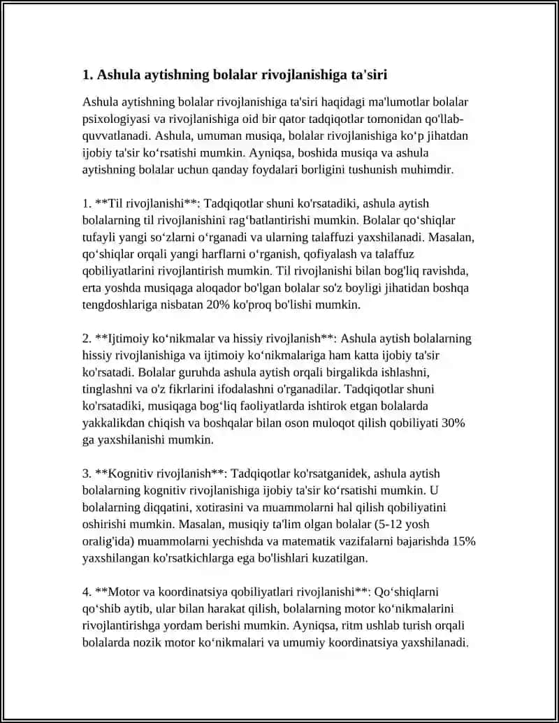 BOLALARNI ASHULA AYTISH, MUSIQA TINGLASH VA MUSIQIY RITMIK HARAKATLARNI OʻRGATISH 3