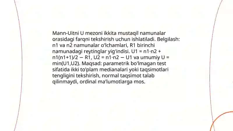 Mann-Uitni U mezonini hisoblash jarayoni va formulasi 3
